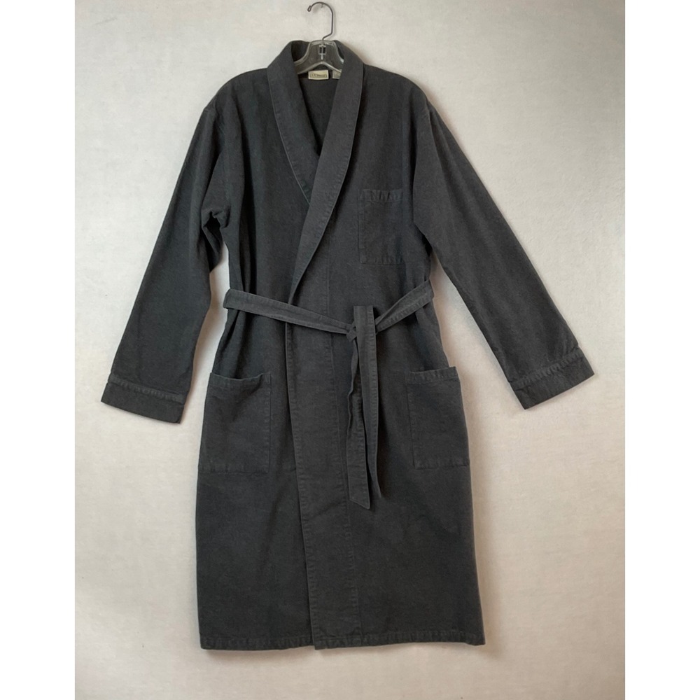 LL Bean Mens Flannel Robe Gray Cotton Shawl Collar Belted Pockets M Regular